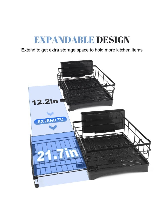 LODROC Extendable Dish Drying Rack,Large Drying Dish Drainer for Kitchen Counter, Stainless Steel Dish Strainer with Utensil Rack and Adjustable Feet for Sink (Black) - Image 3